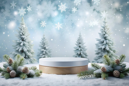 Empty white podium against a snowy winter backdrop featuring snow-covered trees and falling snowflakes. Perfect for showcasing products in a festive, wintry setting.の写真素材