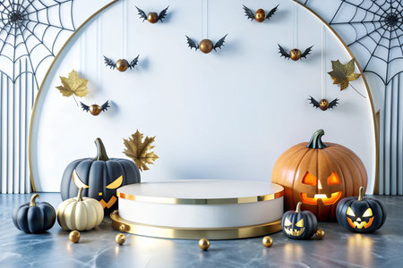 Halloween themed setup with an empty product podium surrounded by carved pumpkins, candles, and festive decorations. Ideal for showcasing Halloween products.の写真素材