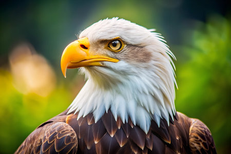 A Bald Eagle, with a white head and tail, gazes intently off to the side. The eagle's sharp, yellow beak and piercing yellow eyes are visible in the close-up shot.の写真素材