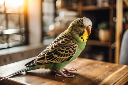 Vivid close-up image of a colorful budgerigar parrot perchedの写真素材