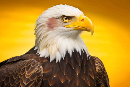 A Bald Eagle, with a white head and tail, gazes intently off to the side. The eagle's sharp, yellow beak and piercing yellow eyes are visible in the close-up shot.の写真素材