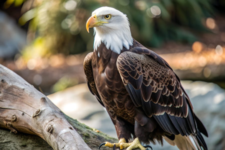 A Bald Eagle, with a white head and tail, gazes intently off to the side. The eagle's sharp, yellow...