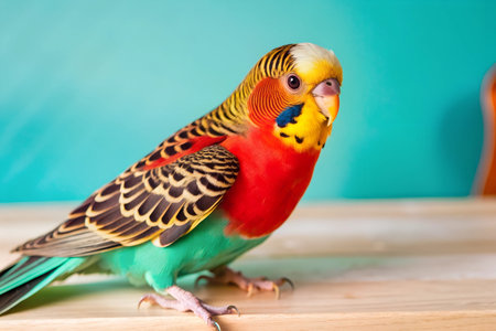 Vivid close-up image of a colorful budgerigar parrot perched