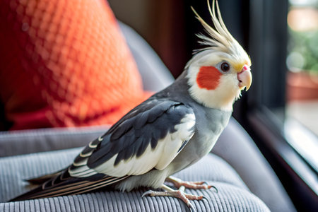 Close-up shot of a colorful cockatiel parrot showcasing its bright yellow crest and distinctive orange cheek patchの写真素材
