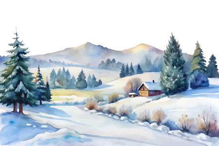 A tranquil watercolor landscape depicting a snowy forest scene. Towering pine trees stand majestically against a backdrop of rolling hills, while a meandering river reflects the soft light of the setting sun.のイラスト素材