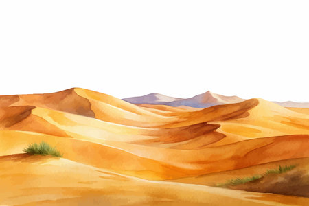 A vibrant watercolor painting of a vast desert landscape, featuring rolling sand dunes, distant mountains, and a few resilient plants. The warm colors and textured brushstrokes capture the harsh beauty and tranquility of the arid environment.のイラスト素材