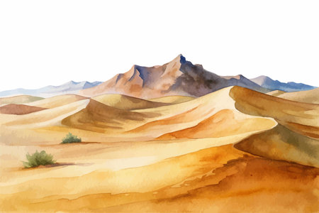 A vibrant watercolor painting of a vast desert landscape, featuring rolling sand dunes, distant mountains, and a few resilient plants. The warm colors and textured brushstrokes capture the harsh beauty and tranquility of the arid environment.のイラスト素材