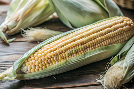A close-up shot capturing a vibrant field of corn, showcasing the mature ears with their golden...