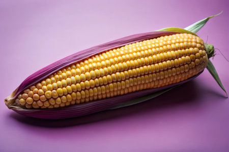 A close-up shot of a fresh corn cob, showcasing its vibrant yellow kernels and the husks surrounding...