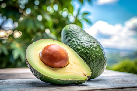 A close-up shot of a perfectly ripe avocado, showcasing its smooth, green skin and the texture of...