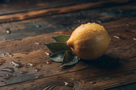A vibrant yellow lemon sits on a wooden surface, its skin glistening with a thin layer of moisture. ...