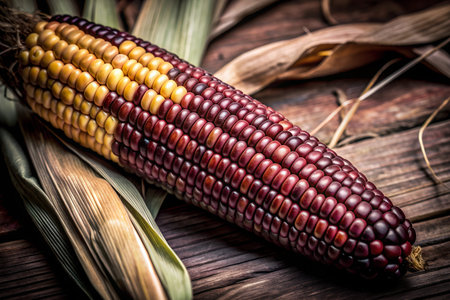 A close-up shot of a single corn cob, showcasing its golden kernels and green husk. The cob appears...