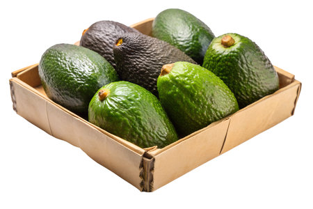 A close-up shot of a package filled with ripe avocados. The avocados are smooth and green, ready to...