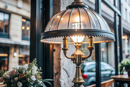 A modern table lamp with a geometric design, featuring a sleek metal base and a clear glass shade....