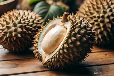 A close-up shot of a durian fruit with its spiky outer shell. The durian is a tropical fruit known for its strong odor and creamy, custard-like flesh.の写真素材