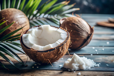 A close-up shot of a fresh coconut with its green husk, showcasing the brown shell and the fibrous...