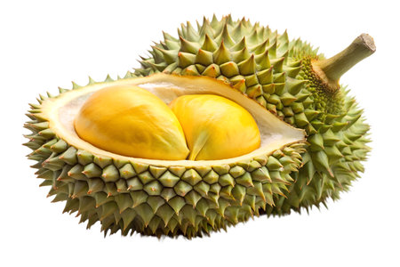 A close-up shot of durian flesh, showing its creamy texture and pungent aroma. The image has a clean background, making it suitable for various uses.の写真素材