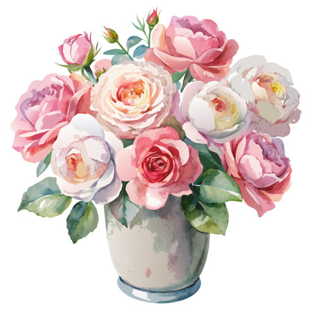 A delicate watercolor painting of a bouquet of pink roses in a vase, with no background. Ideal for romantic and floral designs.のイラスト素材