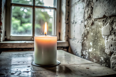A single candle flickers in a dark room, casting long shadows on the walls. The warm glow of the flame creates a sense of peace and tranquility.の写真素材