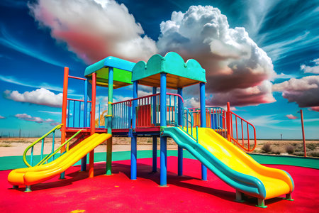 A desolate playground with swings, slides, and a climbing frame, shrouded under a cloudy sky. The scene evokes a sense of melancholy and forgotten childhood.の写真素材