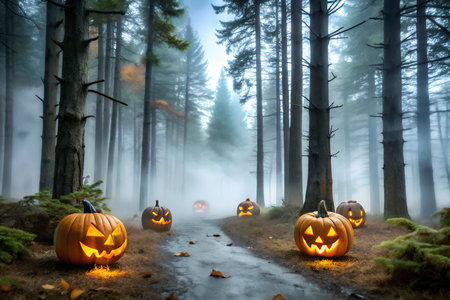 A spooky and atmospheric image of a foggy forest path with jack-o'-lanterns. Perfect for Halloween, fall, and spooky themes.の写真素材
