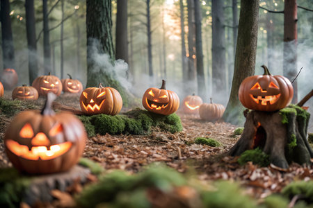 A spooky and atmospheric scene with a path winding through a foggy forest, adorned with glowing Jack-o'-Lanterns.の写真素材