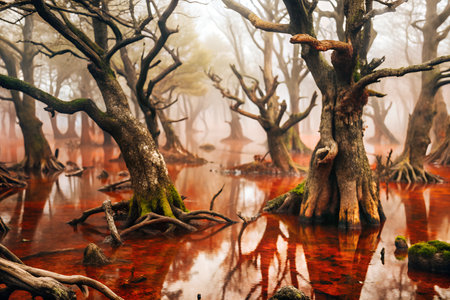 A moody and atmospheric image of a swamp shrouded in thick fog. Gnarled trees rise up from the misty water, creating an eerie and mysterious scene.の写真素材