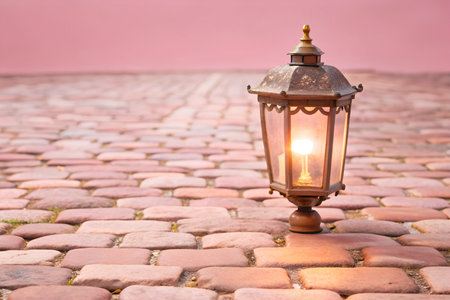 A rustic lantern casts a warm glow on a winding cobblestone path, creating a charming and inviting atmosphere. The soft light highlights the textured stones and adds a touch of mystery to the scene.の写真素材