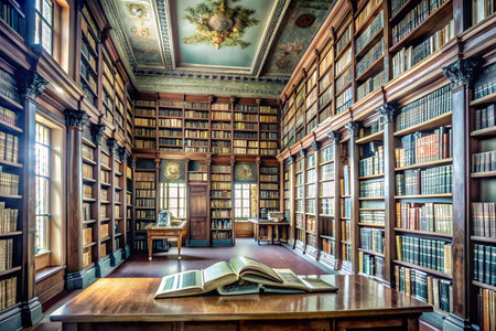 A dusty library filled with ancient books, with sunlight streaming through the window. The shelves...