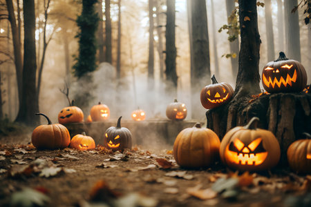 A haunting scene of a foggy forest path illuminated by glowing jack-o'-lanterns. Perfect for Halloween or spooky themes.の写真素材