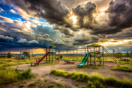 An abandoned playground with a swing set, slide, and monkey bars, under a cloudy sky. The equipment...