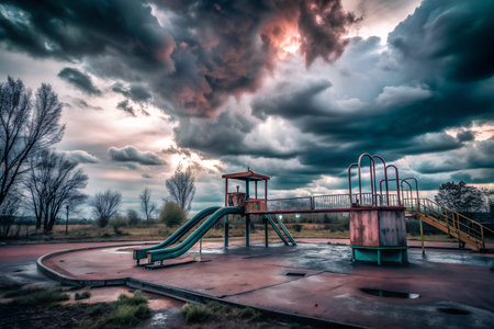 A deserted playground with swings, a slide, and a jungle gym, all under a gray, overcast sky. The...