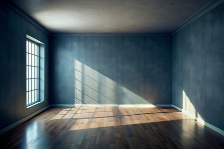A dimly lit room with a large blank wall, creating an atmospheric and mysterious setting.の写真素材