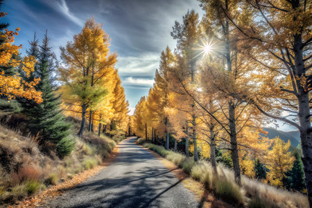 A scenic path winds through a forest of golden trees, with a clear blue sky above. The vibrant fall foliage creates a picturesque scene.の写真素材