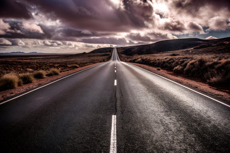 A wide, empty road stretches out with a clear side perfect for adding text or graphics. The asphalt is smooth and the horizon is clear, creating a sense of open space and possibility.の写真素材