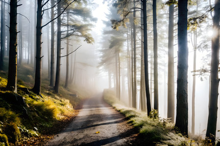 A misty forest path winds through tall trees, with sunlight breaking through the canopy. The path is...