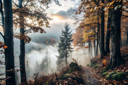 A scenic view of a forest path shrouded in fog during the autumn season. The trees are adorned with...