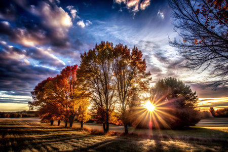 A vibrant sunset paints the sky with hues of orange, pink, and purple, as trees stand silhouetted...