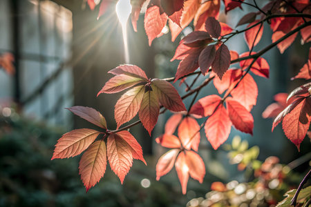 A close-up of vibrant red leaves illuminated by soft sunlight. The leaves are clustered in the...