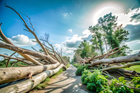 A line of trees with vibrant autumn foliage stand tall against a bright blue sky with no clouds.の写真素材