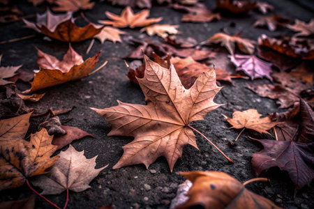 A close-up shot of vibrant orange autumn leaves scattered on a white background, creating a colorful and textured composition.の写真素材