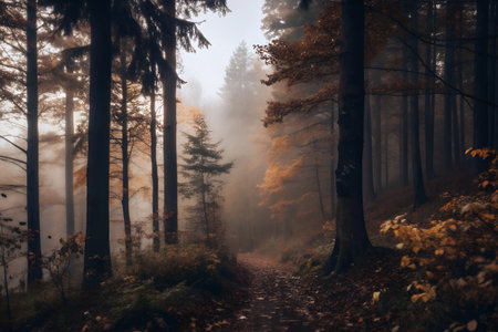 A serene and atmospheric photograph capturing a foggy autumn forest. Sunlight peeks through the trees, illuminating a path leading into the misty depths. Golden leaves carpet the ground, adding a touch of warmth to the scene.の写真素材