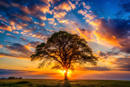 A vibrant sunset paints the sky with hues of orange, pink, and purple as it sets behind a lone tree,...