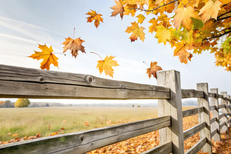 A weathered wooden fence with colorful fall leaves hanging on it, set against a backdrop of an open...