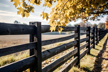 A weathered wooden fence with colorful fall leaves draped over it, offering a glimpse of an open field beyond.の写真素材