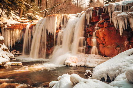 A stunning image of a frozen waterfall cascading over rocks, surrounded by snow-covered trees and a frosty landscape. The icy water creates a beautiful contrast against the white snow, capturing the essence of winter's beauty.の写真素材