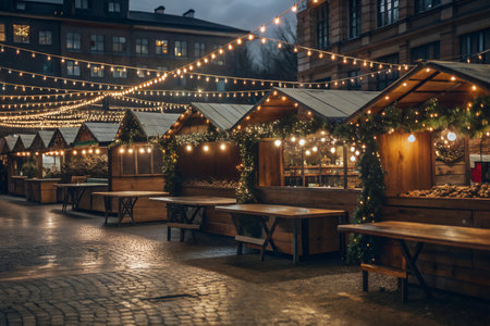 A view of an empty winter market with wooden stalls, ready to be filled with vendors and festive cheer. The space is perfect for showcasing a variety of seasonal goods and crafts.の写真素材