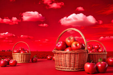 A picturesque view of an apple orchard with baskets filled with apples, set against a clear blue sky. The scene captures the beauty and abundance of a harvest season.の写真素材