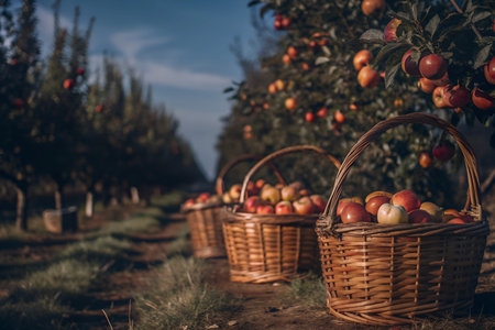 A picturesque scene of an apple orchard with baskets filled with ripe apples. The sky is a clear blue, creating a beautiful backdrop for the trees and fruit.の写真素材