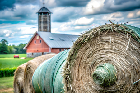 A stack of open hay bales sits in a field with a farm backdrop. The bales are partially unwrapped, revealing the dried grass inside. The image evokes a sense of rural life and the beauty of nature.の写真素材